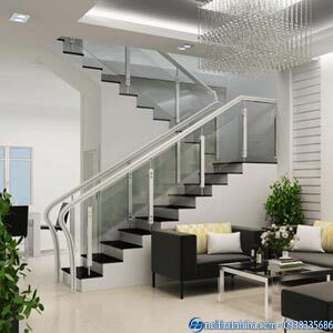 cầu thang kính trụ sắt