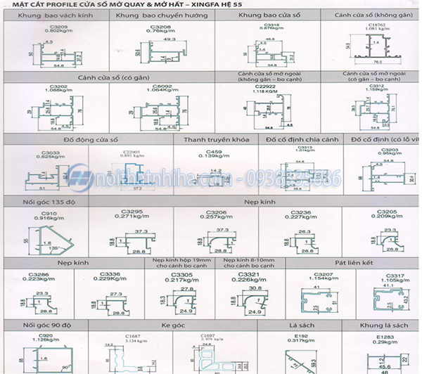 Mặt cắt profile nhôm Xingfa hệ 55 cửa sổ