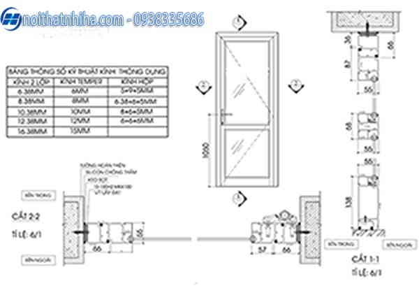 bản vẽ Cửa nhôm Xingfa hệ 55 1 cánh