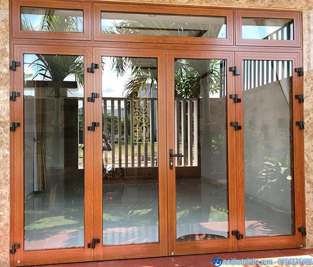 Hình ảnh cửa nhôm Xingfa Quảng Đông màu vân gỗ thiết kế mở quay