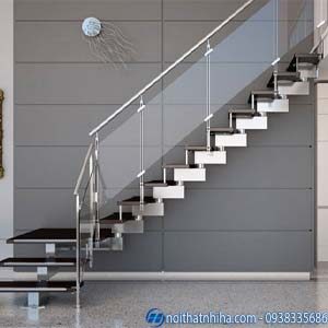 Cầu thang kính cường lực tay vịn inox