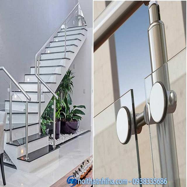 Cầu thang kính tay vịn inox tròn