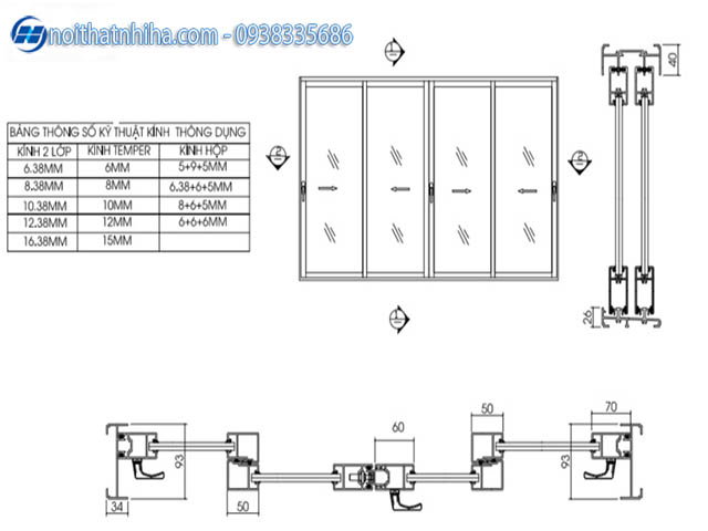 Bản vẽ Cad cửa nhôm Xingfa hệ 93 cửa mở trượt