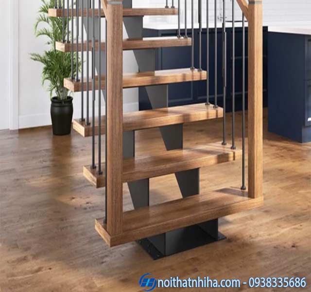 Cầu thang sắt ốp gỗ