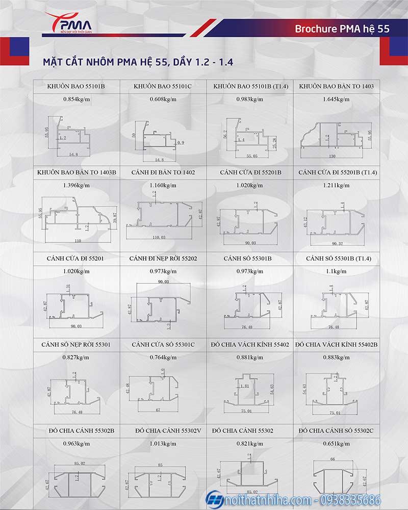 5 mat cat nhom PMA he 55 cửa nhôm pma