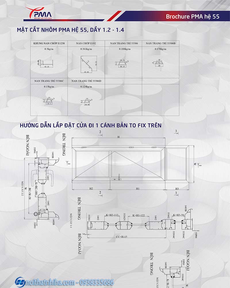 7 mat cat nhom PMA he 55 cửa nhôm pma