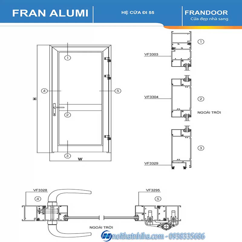 Cửa nhôm Việt Pháp hệ 55