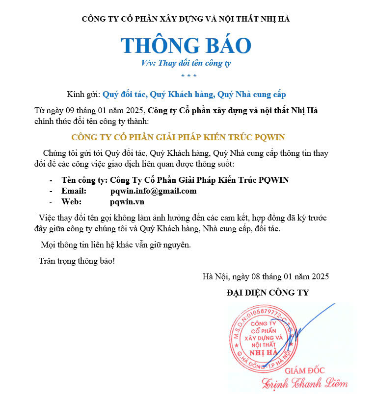 Thông báo thay đổi tên công ty noithatnhiha sang pqwin