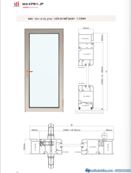 Cửa Đi Mở Quay 1 Cánh Nhôm Maxpro R65 - Giải Pháp Cho Lối Đi Thẩm Mỹ 3 Bản vẽ cửa đi mở quay 1 cánh nhôm Maxpro R65