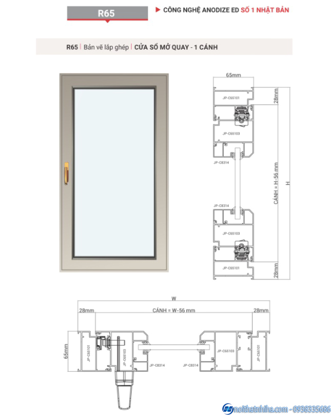Cửa sổ mở quay 1 cánh nhôm Maxpro R65 2 Bản vẽ cửa sổ mở quay 1 cánh nhôm Maxpro R65