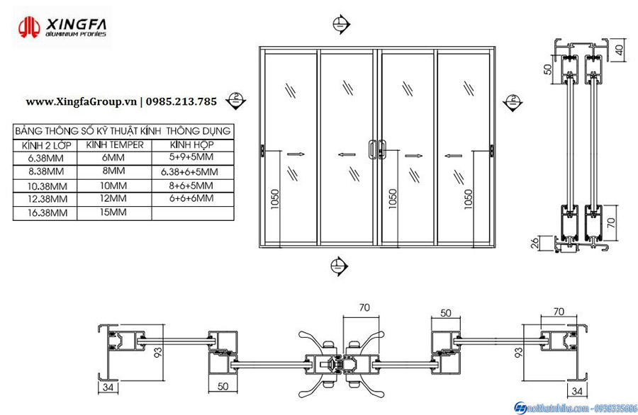 Cửa đi mở trượt 4 cánh nhôm Xingfa 5 Bản vẽ cửa đi mở trượt 4 cánh nhôm Xingfa nhập khẩu Quảng Đông