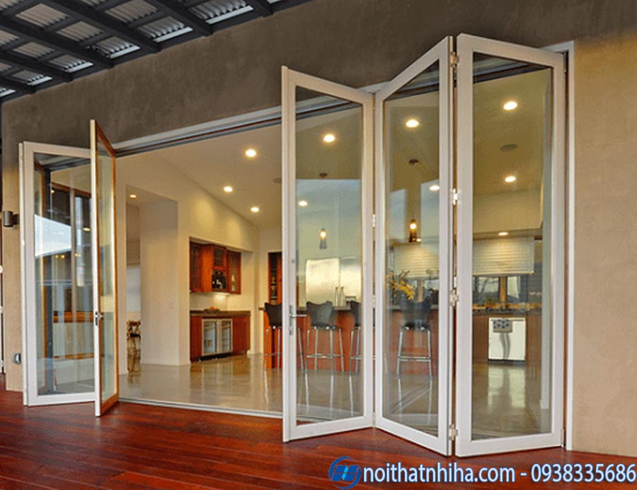 Cửa đi xếp trượt 5 cánh nhôm Xingfa 6 Mẫu cửa đi xếp trượt 5 cánh nhôm Xingfa màu trắng sang trọng