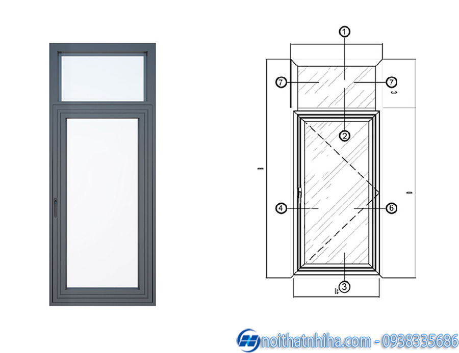 Cửa sổ mở quay 1 cánh nhôm Xingfa 4 Bản vẽ Cửa sổ mở quay 1 cánh nhôm Xingfa